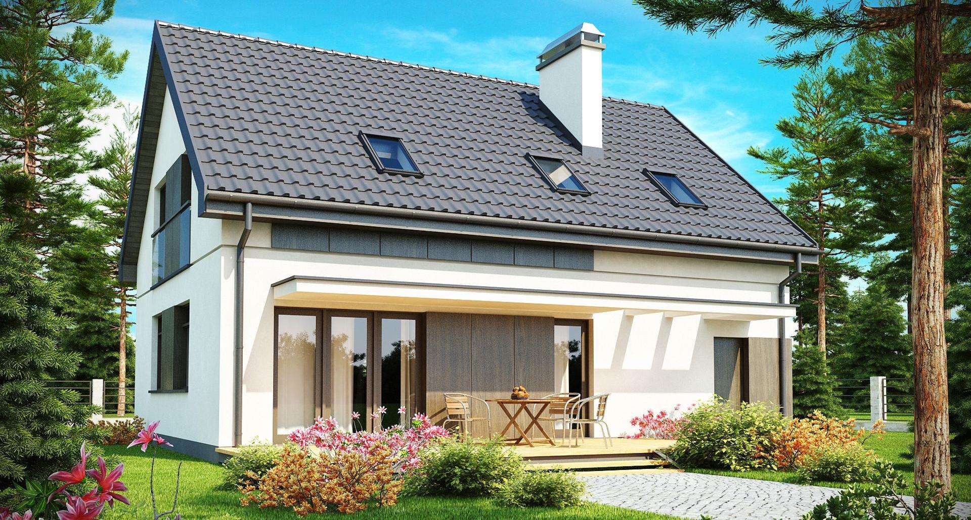 Fatada Casă cu mansardă 109 mp utili, un dormitor, 2 băi