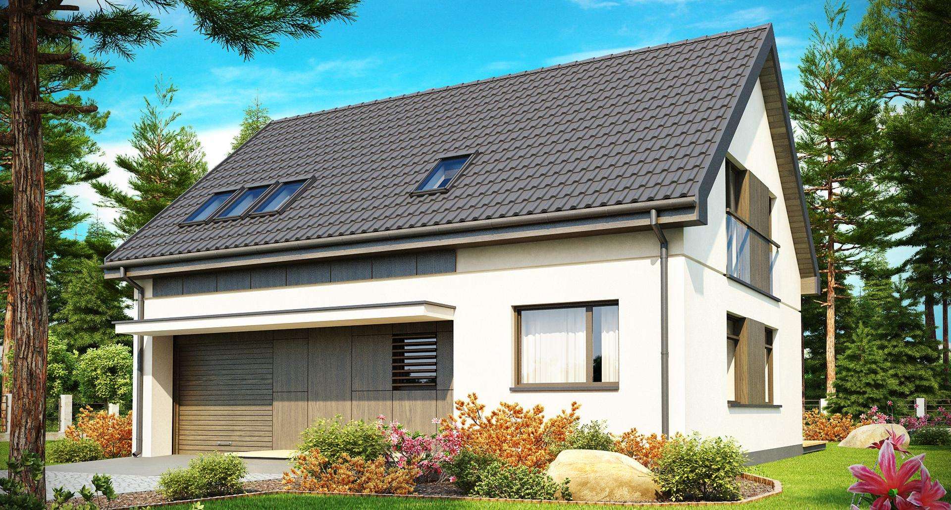 Fatada Casă cu mansardă 109 mp utili, un dormitor, 2 băi