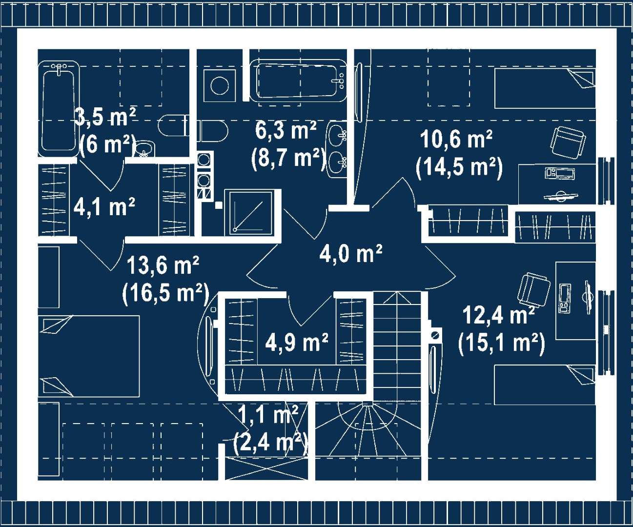 Plan mansardă Casă cu mansardă 109 mp utili, un dormitor, 2 băi