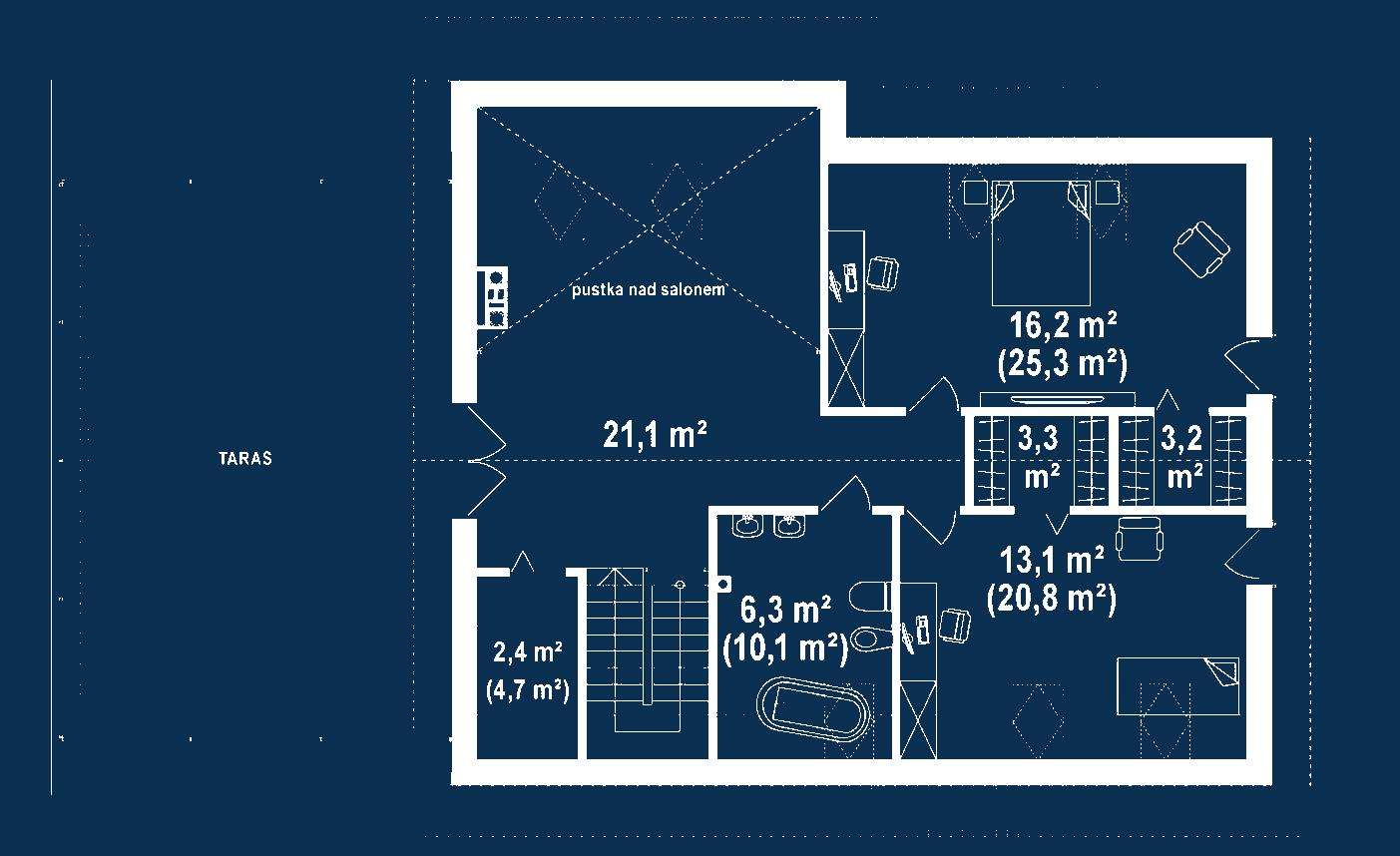 Plan mansardă Casă cu mansardă 175 mp utili, 3 dormitoare, 2 băi