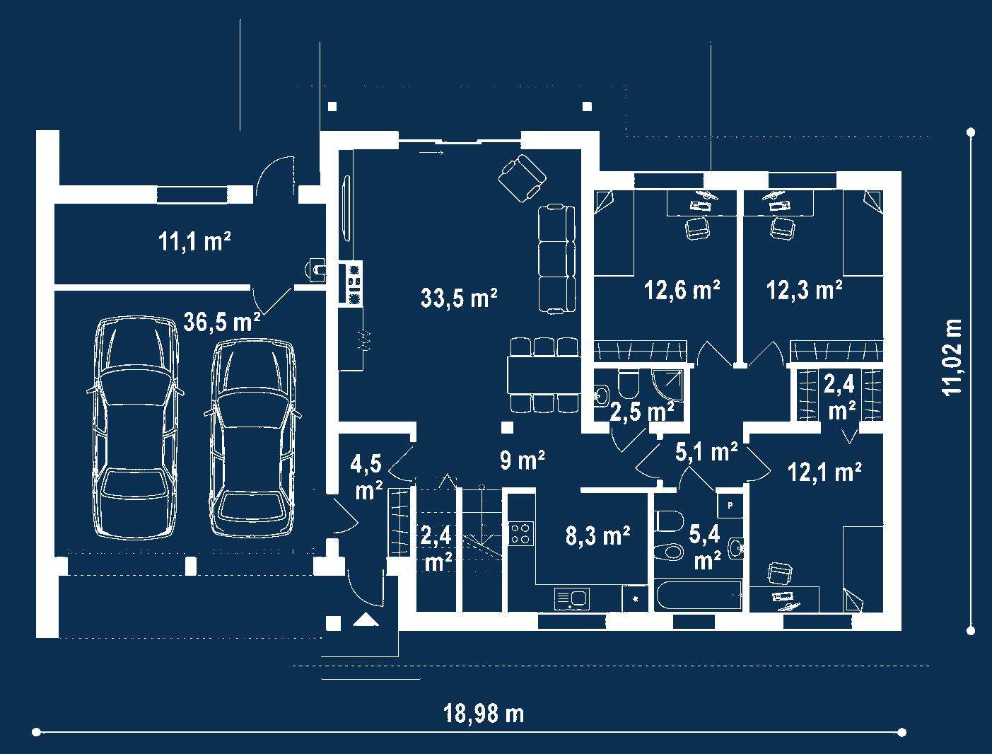 Plan parter Casă cu mansardă 175 mp utili, 3 dormitoare, 2 băi