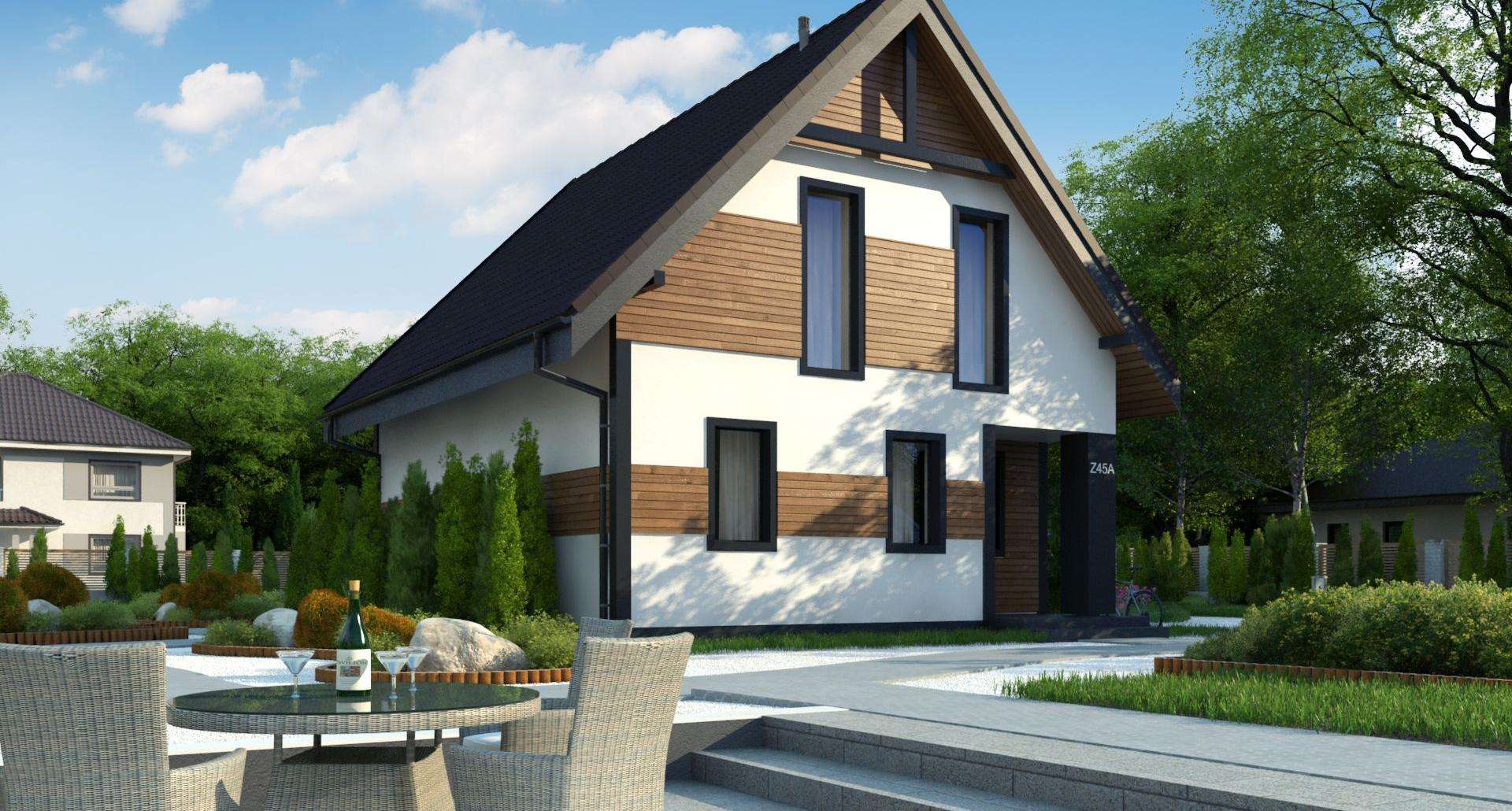 Fatada Casă cu mansardă 103 mp utili, un dormitor, 2 băi