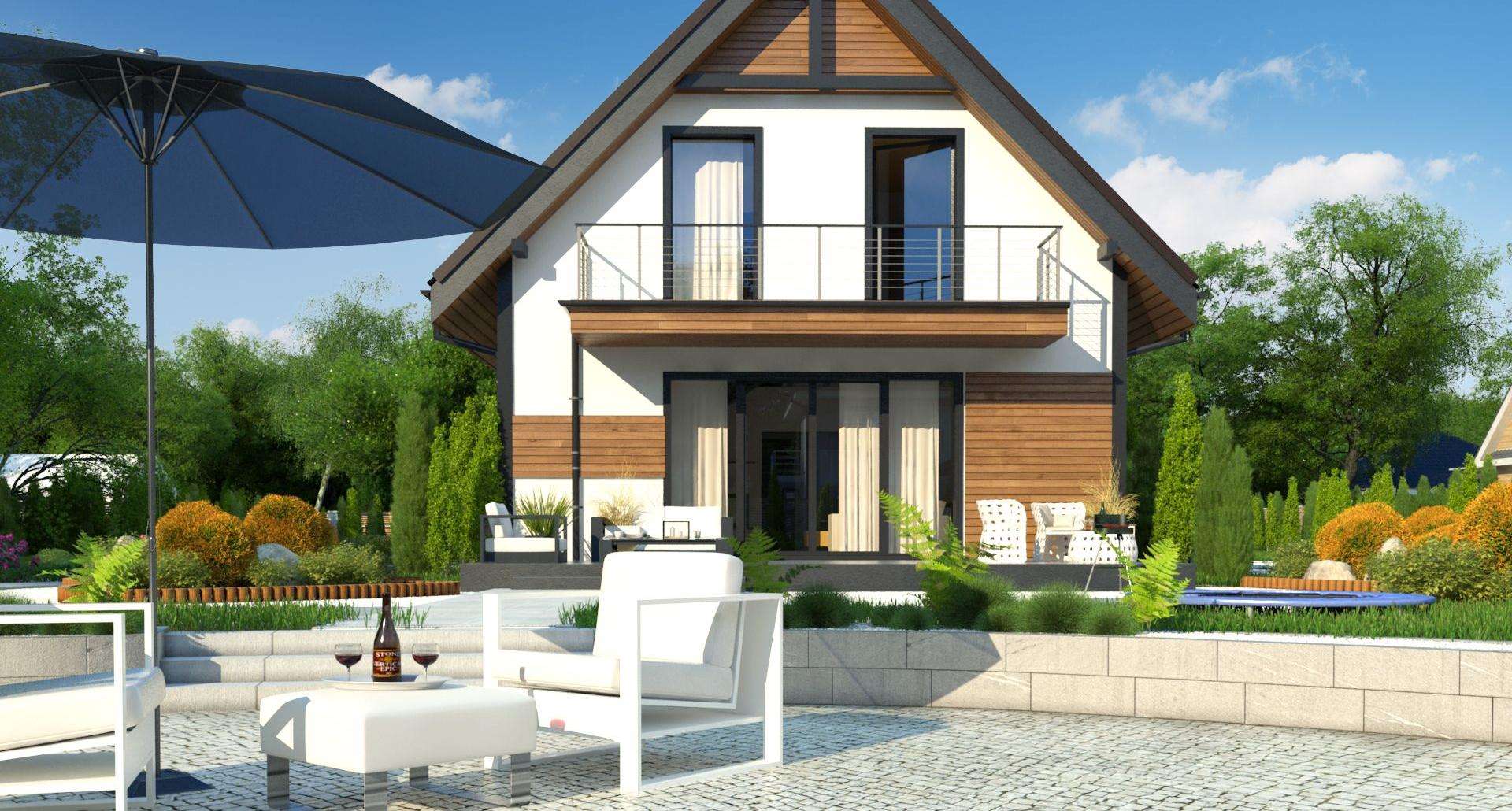 Fatada Casă cu mansardă 103 mp utili, un dormitor, 2 băi