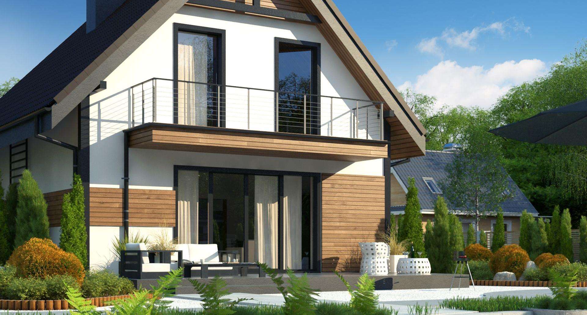 Fatada Casă cu mansardă 103 mp utili, un dormitor, 2 băi