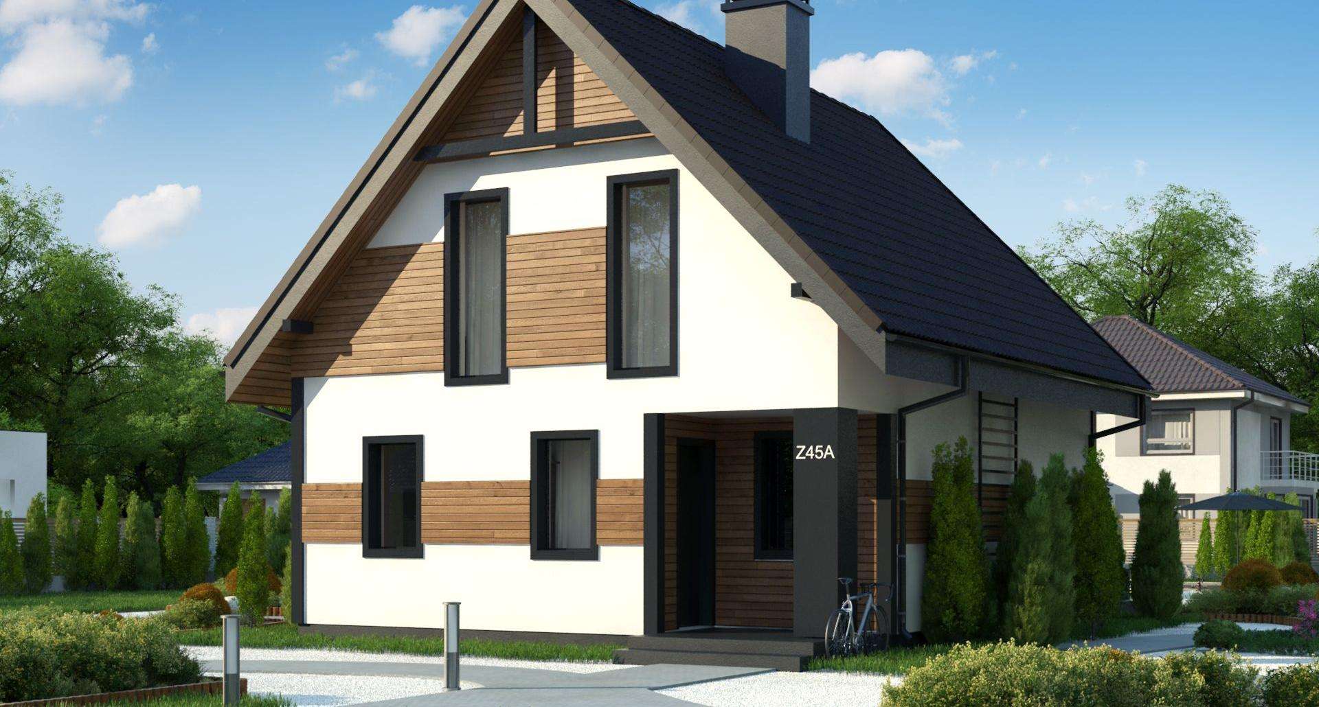 Fatada Casă cu mansardă 103 mp utili, un dormitor, 2 băi