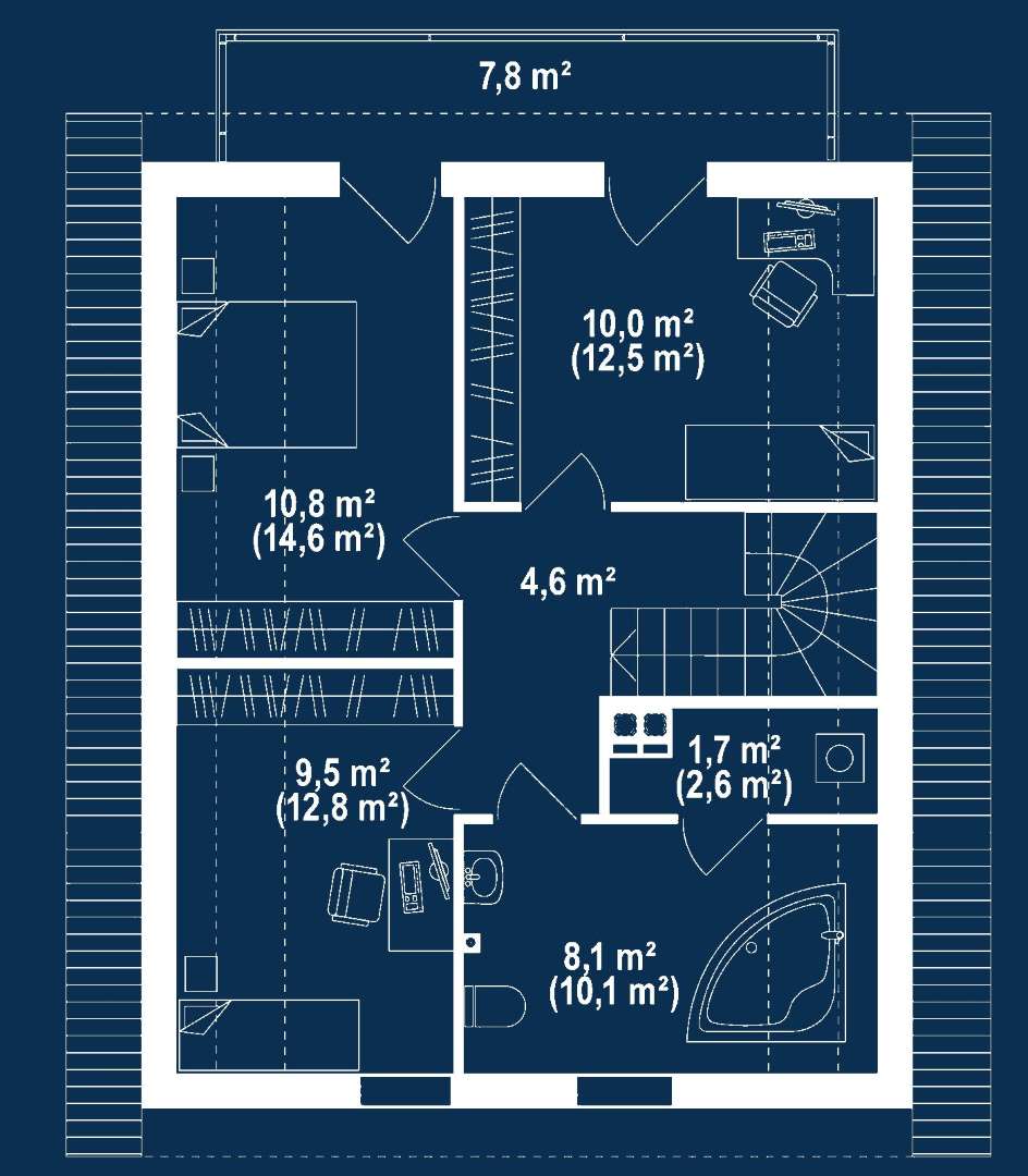 Plan mansardă Casă cu mansardă 103 mp utili, un dormitor, 2 băi