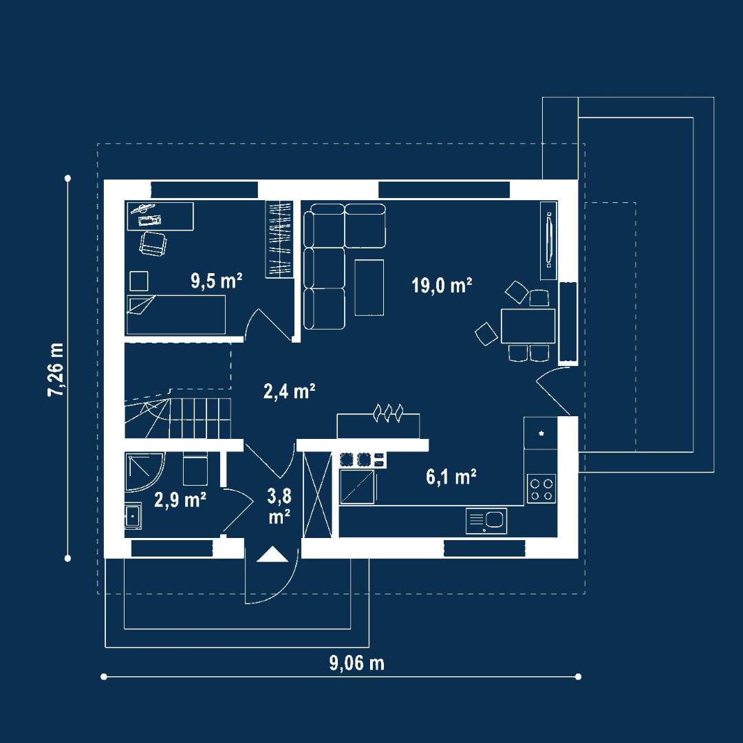 Plan parter Casă cu mansardă 84 mp utili, un dormitor, 2 băi