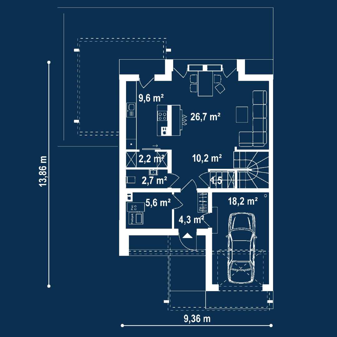 Plan parter Casă cu mansardă 124 mp utili, un dormitor, 2 băi