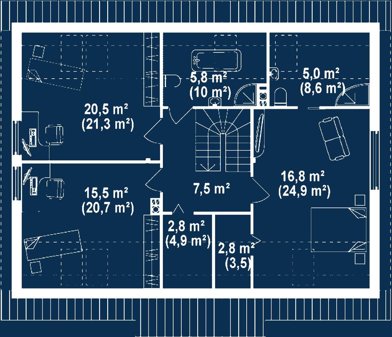 Plan mansardă Casă cu mansardă 149 mp utili, un dormitor, 2 băi