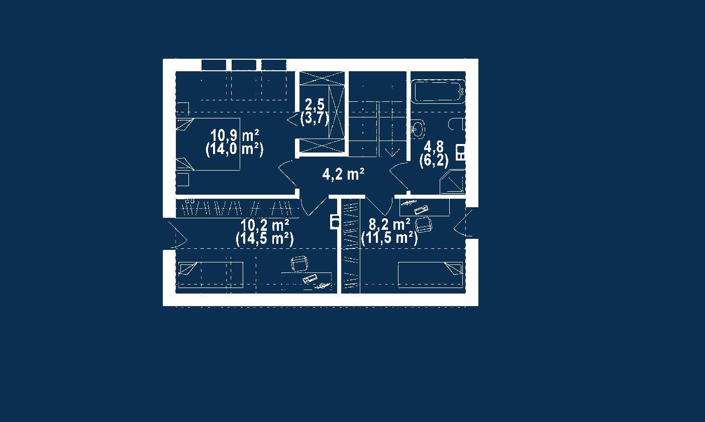 Plan mansardă Casă cu mansardă 87 mp utili, un dormitor, o baie