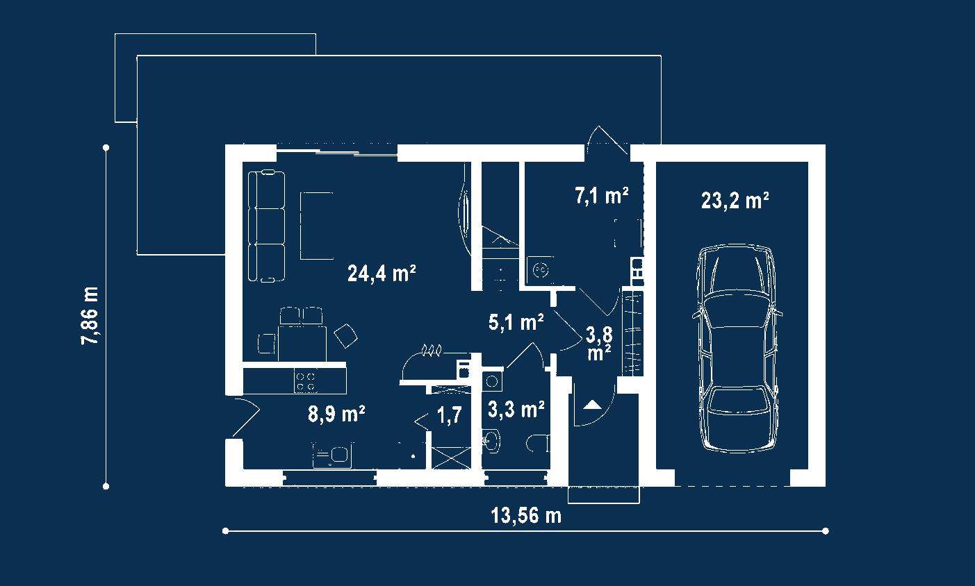 Plan parter Casă cu mansardă 87 mp utili, un dormitor, o baie