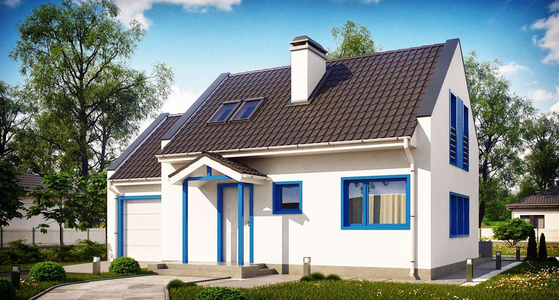 Fatada Casă cu mansardă 79 mp utili, un dormitor, 2 băi