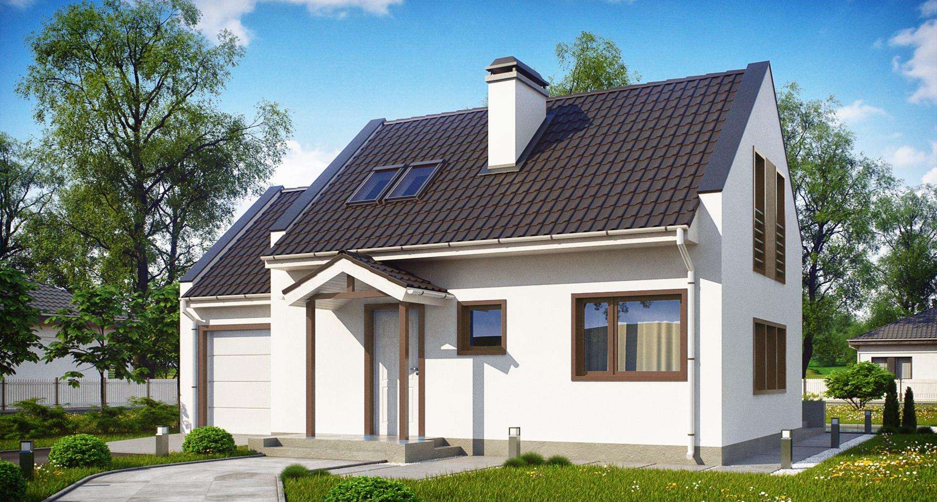 Fatada Casă cu mansardă 79 mp utili, un dormitor, 2 băi