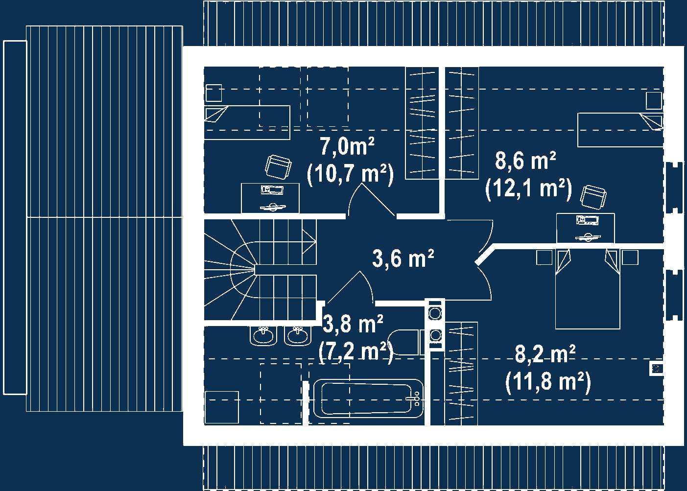 Plan mansardă Casă cu mansardă 79 mp utili, un dormitor, 2 băi