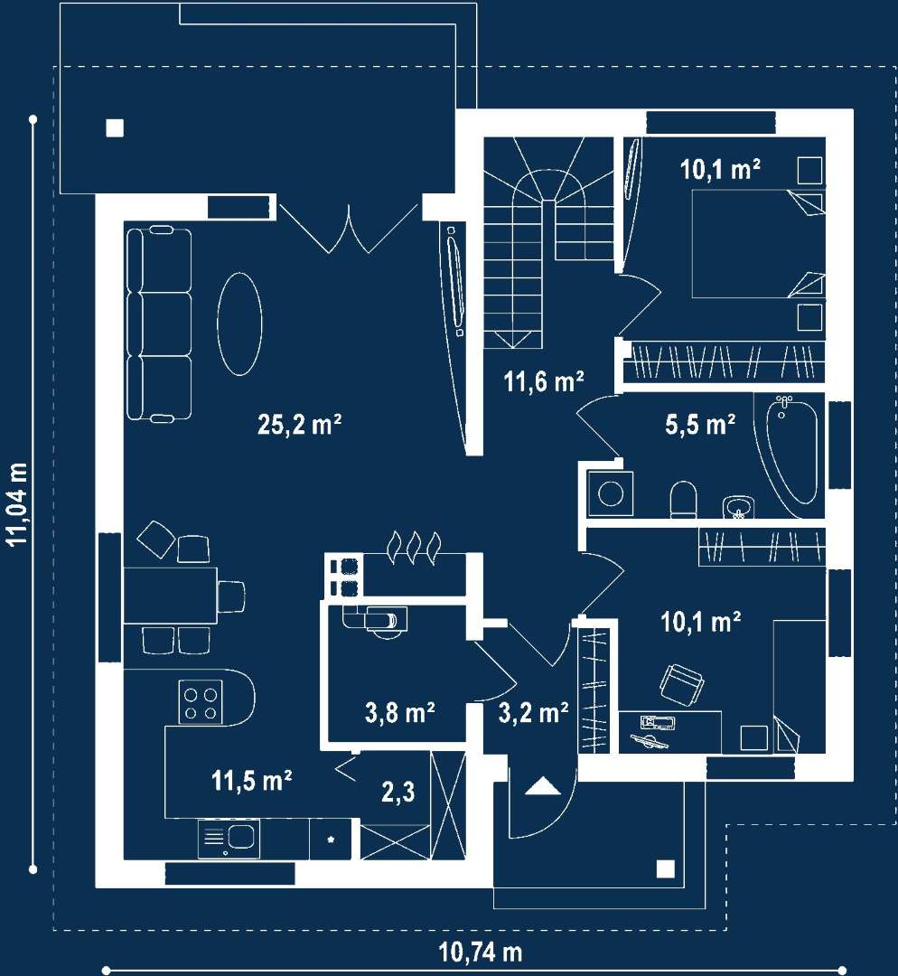 Plan parter Casă cu mansardă 123 mp utili, 2 dormitoare, 2 băi