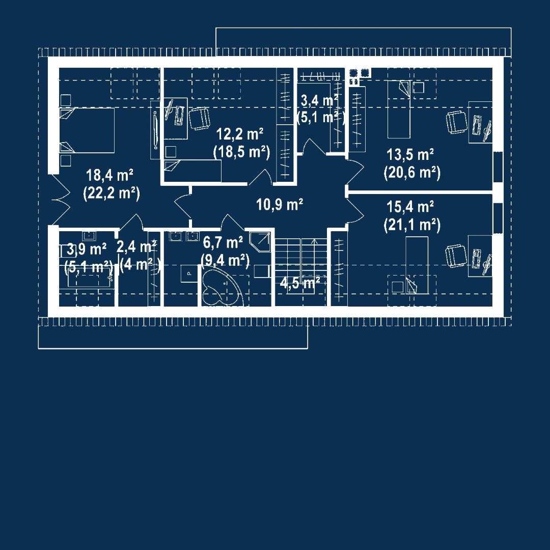 Plan mansardă Casă cu mansardă 152 mp utili, un dormitor, 3 băi