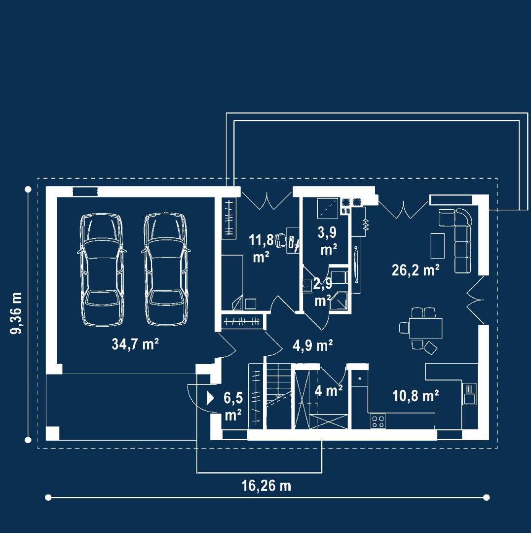 Plan parter Casă cu mansardă 152 mp utili, un dormitor, 3 băi