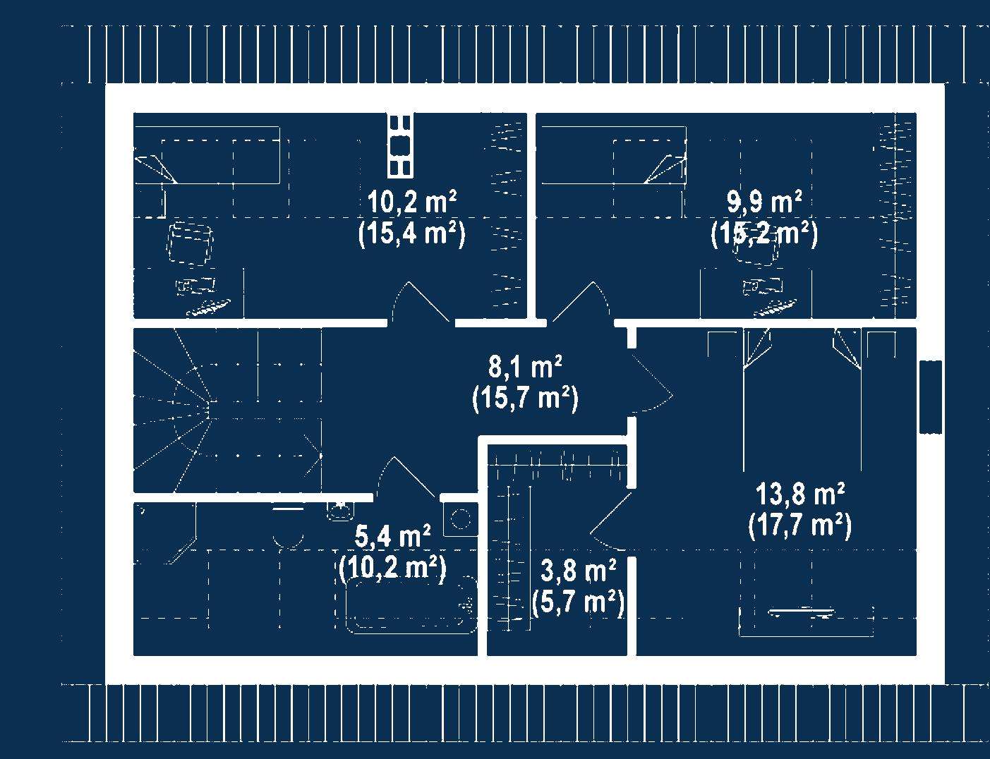 Plan mansardă Casă cu mansardă 119 mp utili, un dormitor, 2 băi