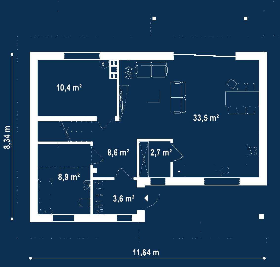 Plan parter Casă cu mansardă 119 mp utili, un dormitor, 2 băi