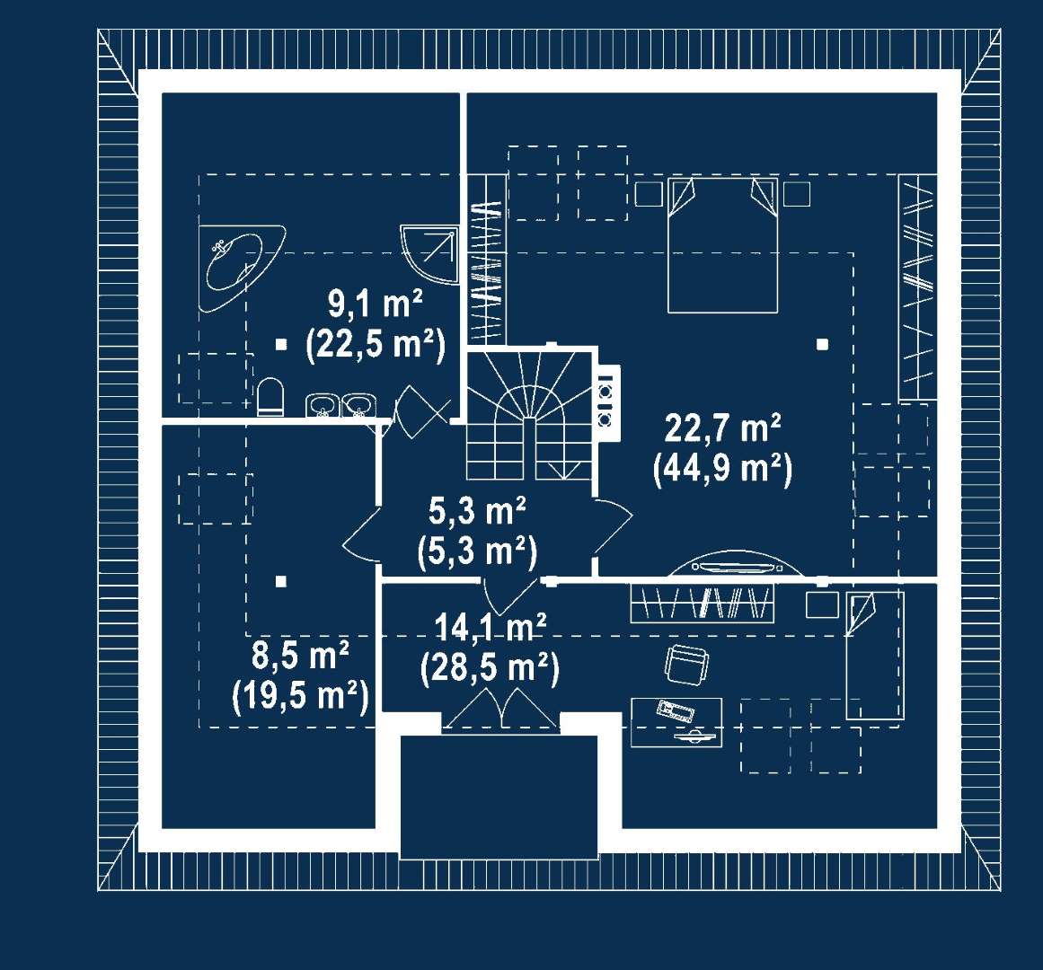 Plan mansardă Casă cu mansardă 170 mp utili, 3 dormitoare, 2 băi