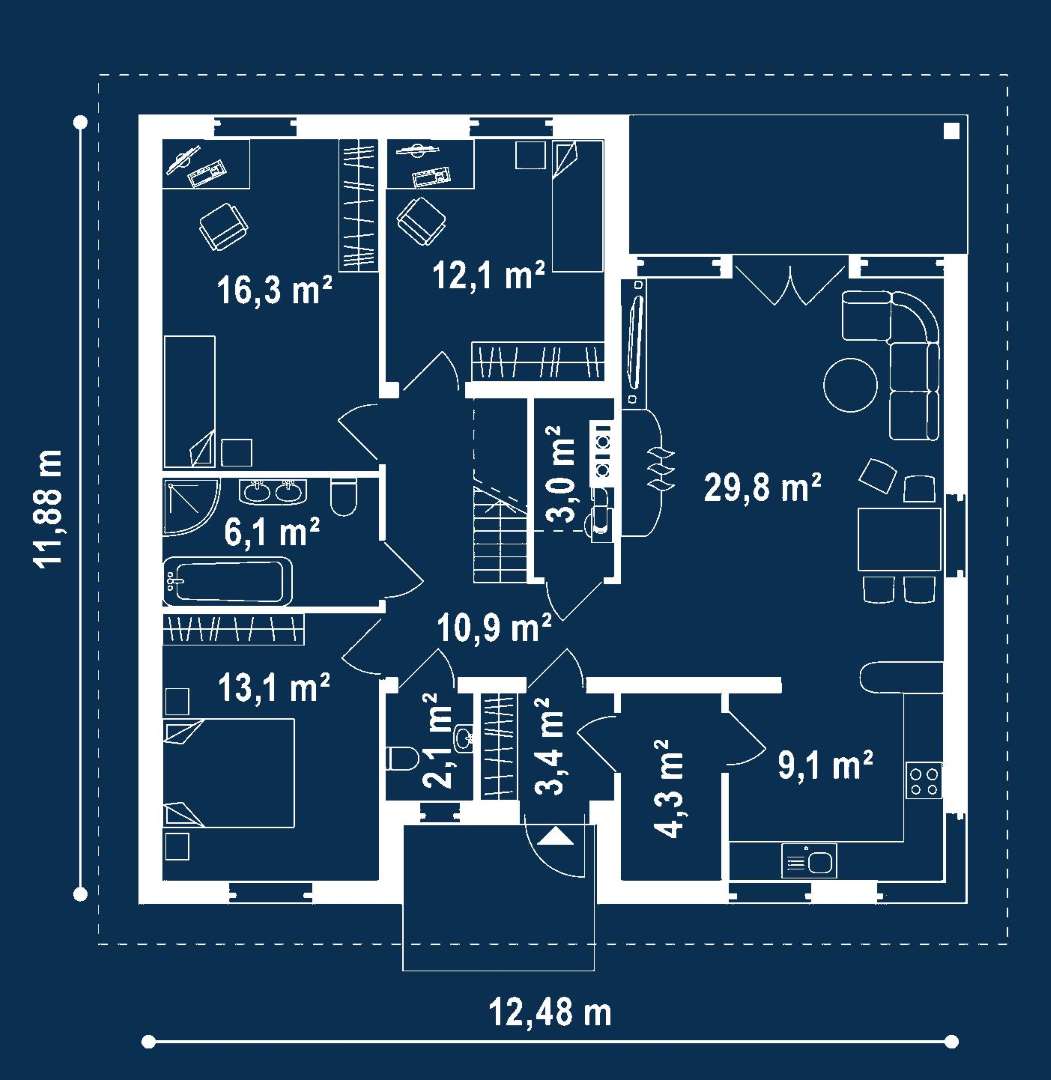 Plan parter Casă cu mansardă 170 mp utili, 3 dormitoare, 2 băi