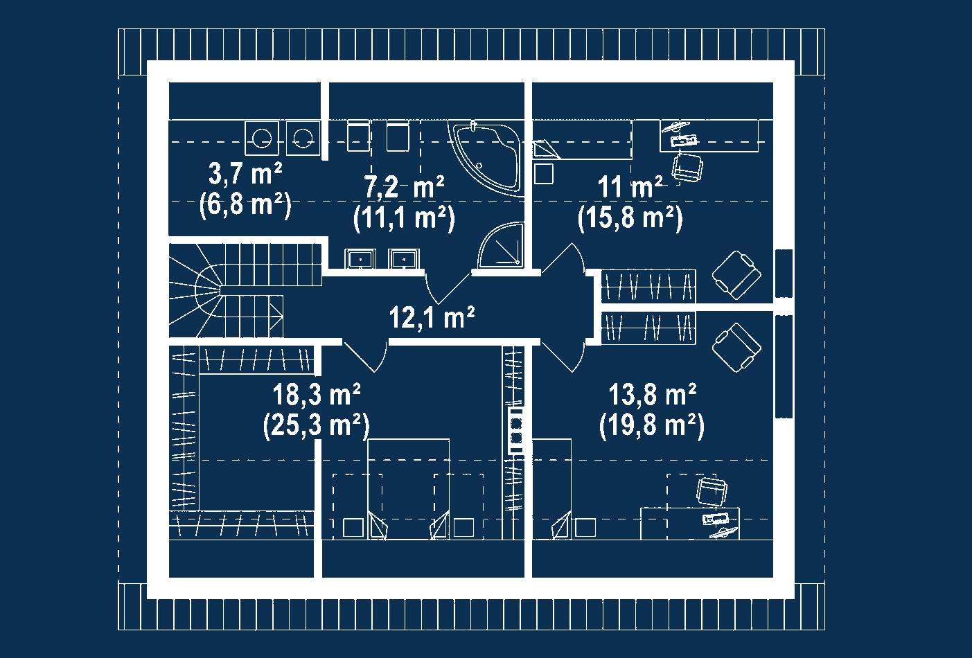 Plan mansardă Casă cu mansardă 155 mp utili, un dormitor, 3 băi