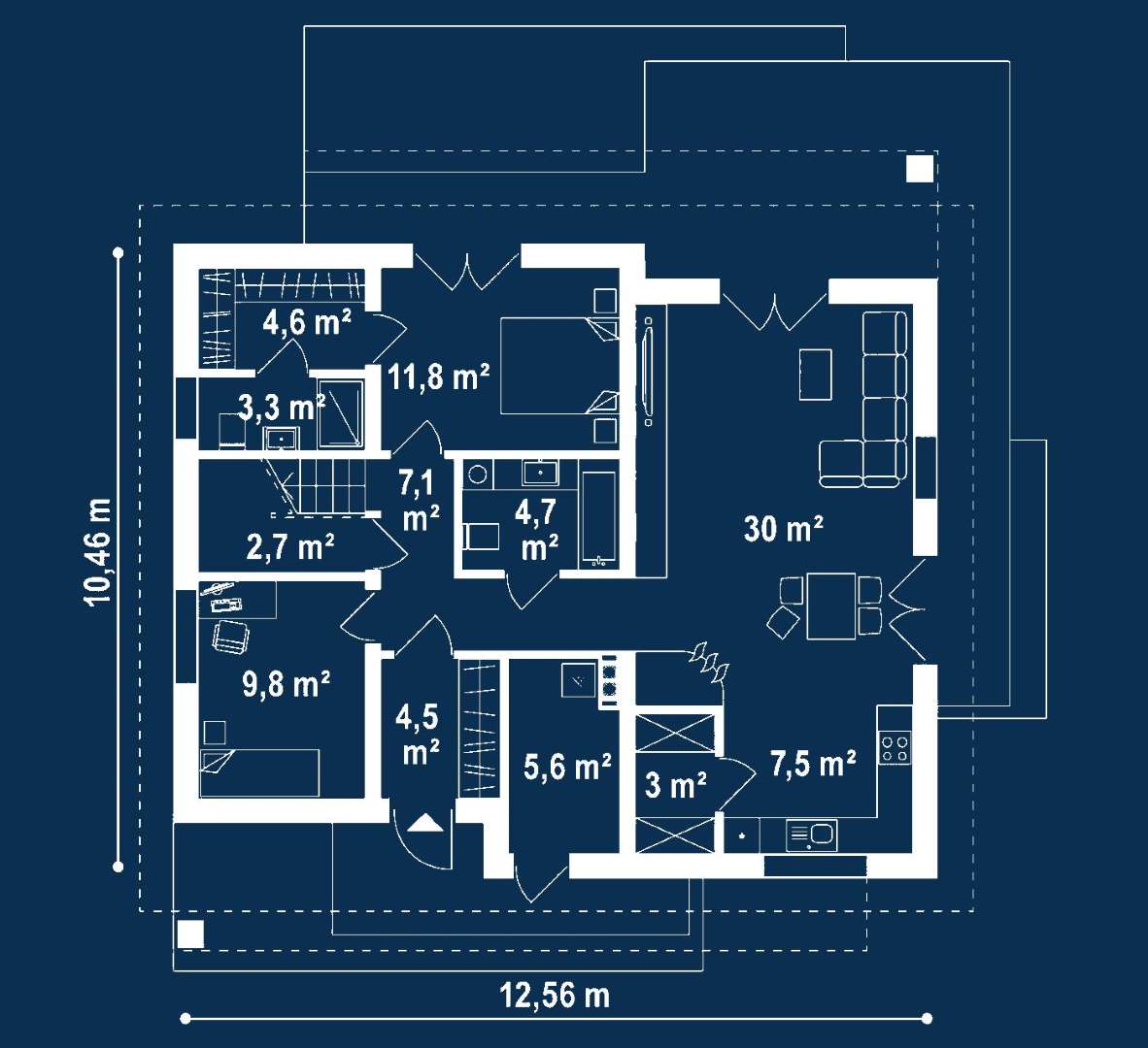 Plan parter Casă cu mansardă 155 mp utili, un dormitor, 3 băi