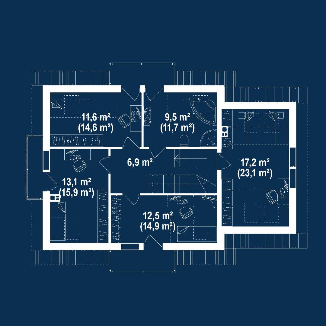 Plan mansardă Casă cu mansardă 142 mp utili, un dormitor, 2 băi