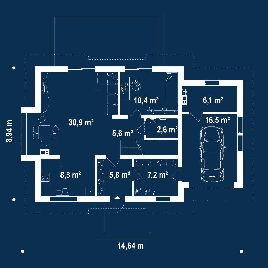 Plan parter Casă cu mansardă 142 mp utili, un dormitor, 2 băi