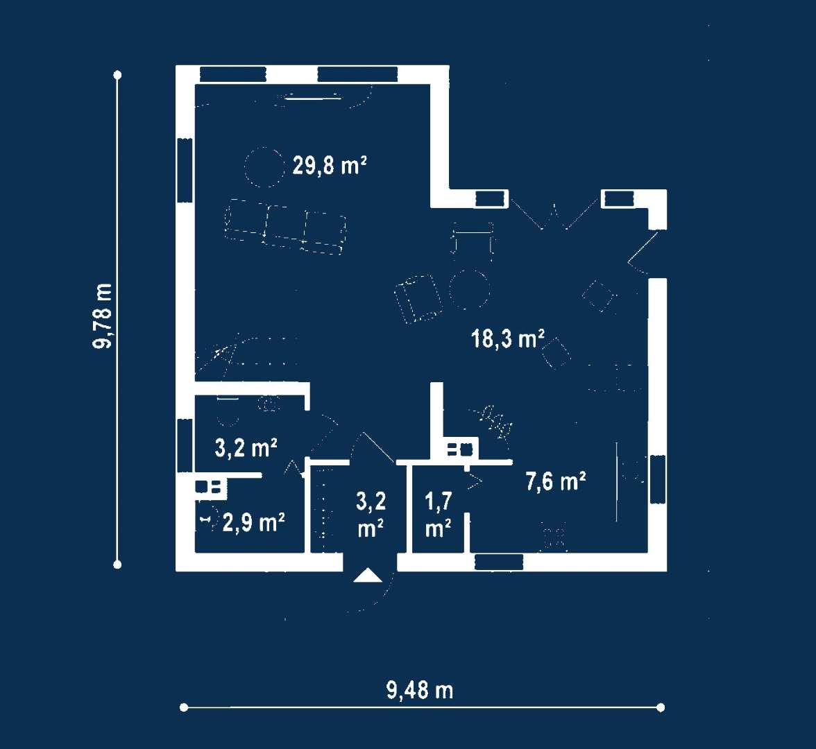 Plan parter Casă cu mansardă 114 mp utili, un dormitor, o baie