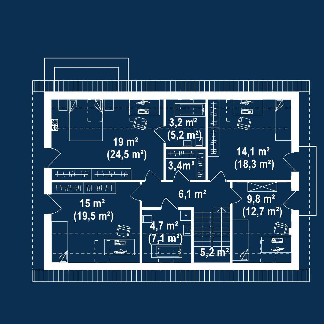 Plan mansardă Casă cu mansardă 145 mp utili, un dormitor, 3 băi