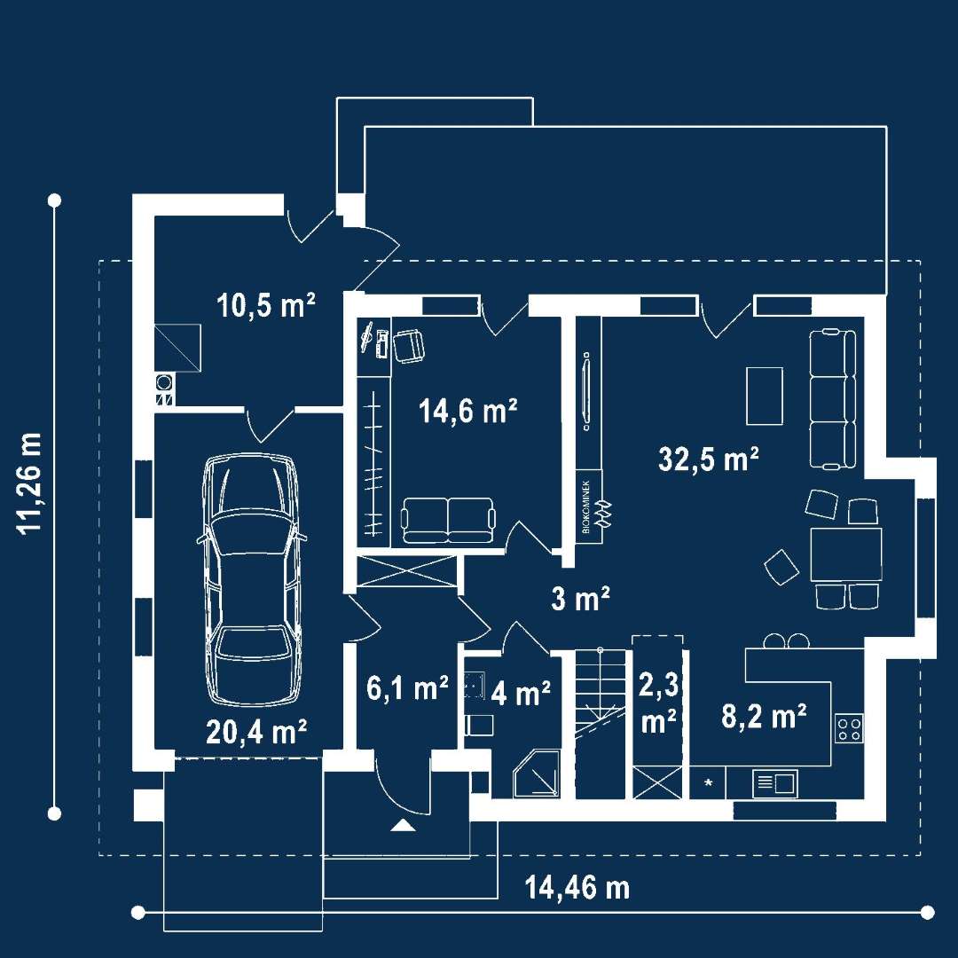 Plan parter Casă cu mansardă 145 mp utili, un dormitor, 3 băi