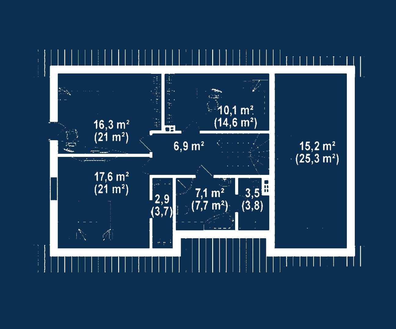 Plan mansardă Casă cu mansardă 148 mp utili, un dormitor, 2 băi