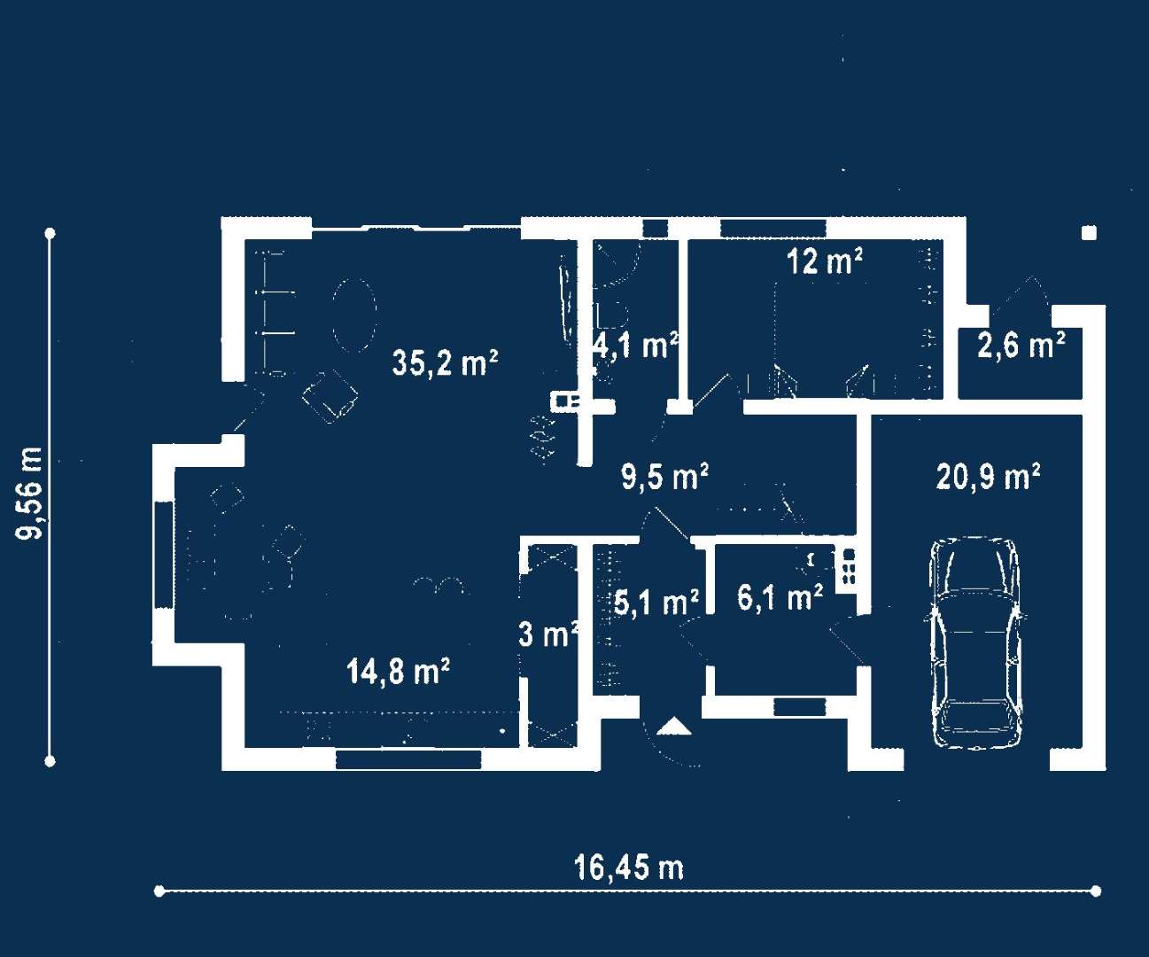 Plan parter Casă cu mansardă 148 mp utili, un dormitor, 2 băi