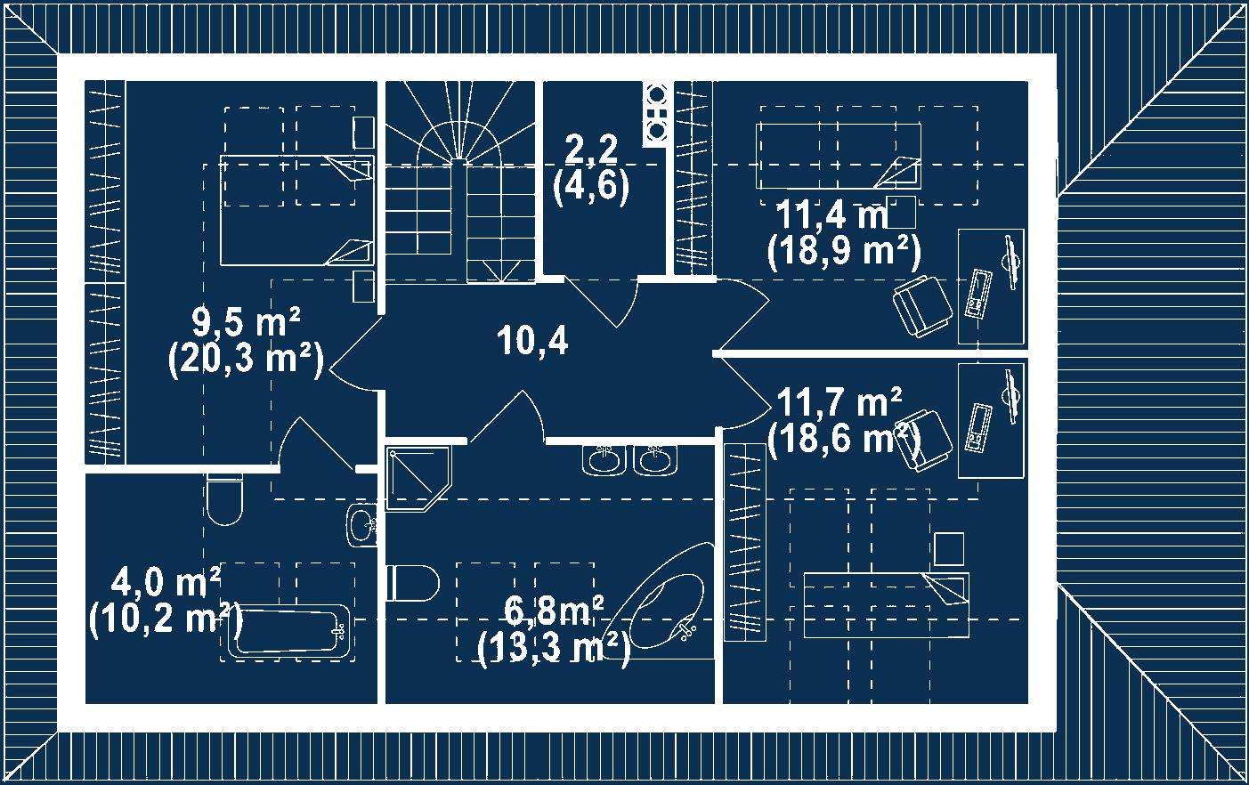 Plan mansardă Casă cu mansardă 155 mp utili, 2 dormitoare, 3 băi