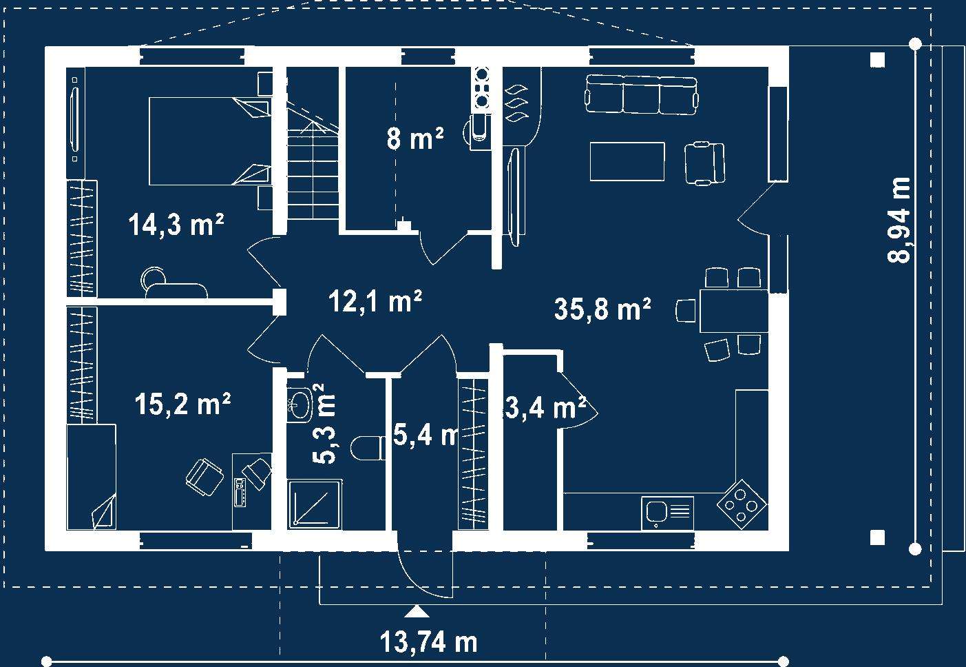 Plan parter Casă cu mansardă 155 mp utili, 2 dormitoare, 3 băi