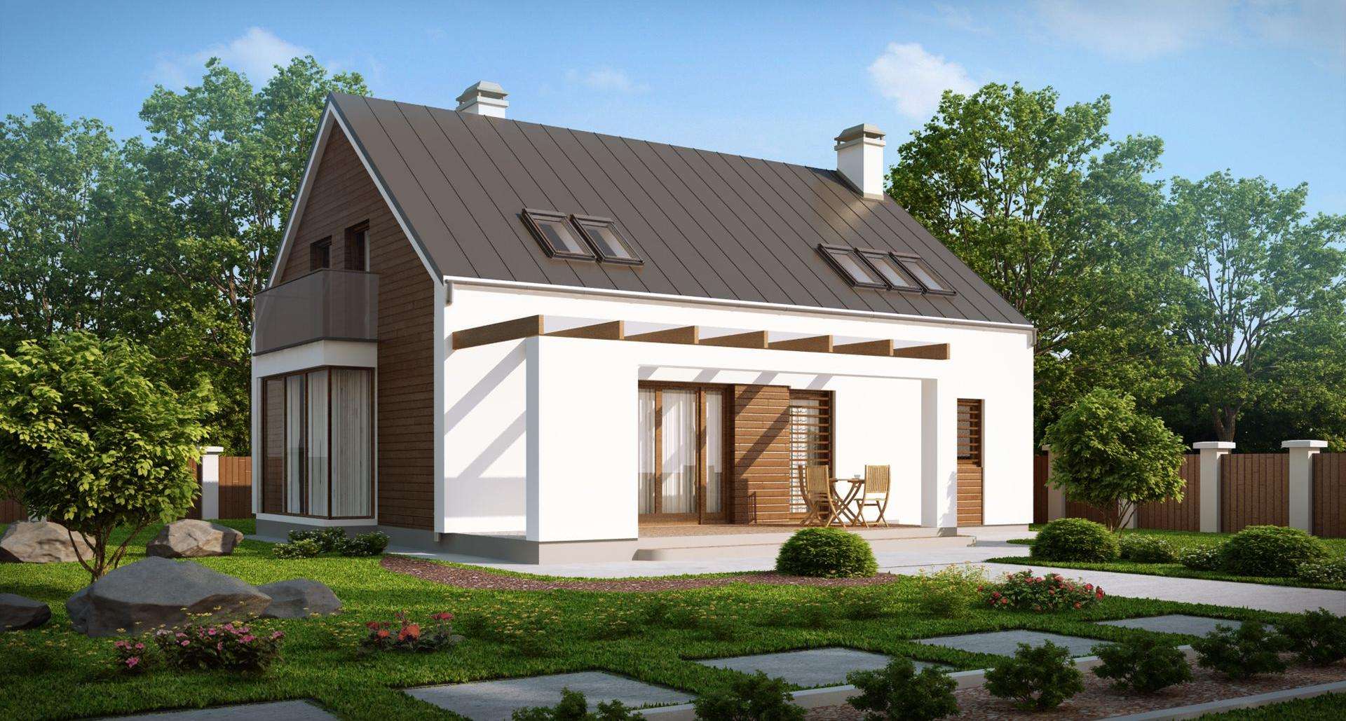 Fatada Casă cu mansardă 137 mp utili, un dormitor, 2 băi