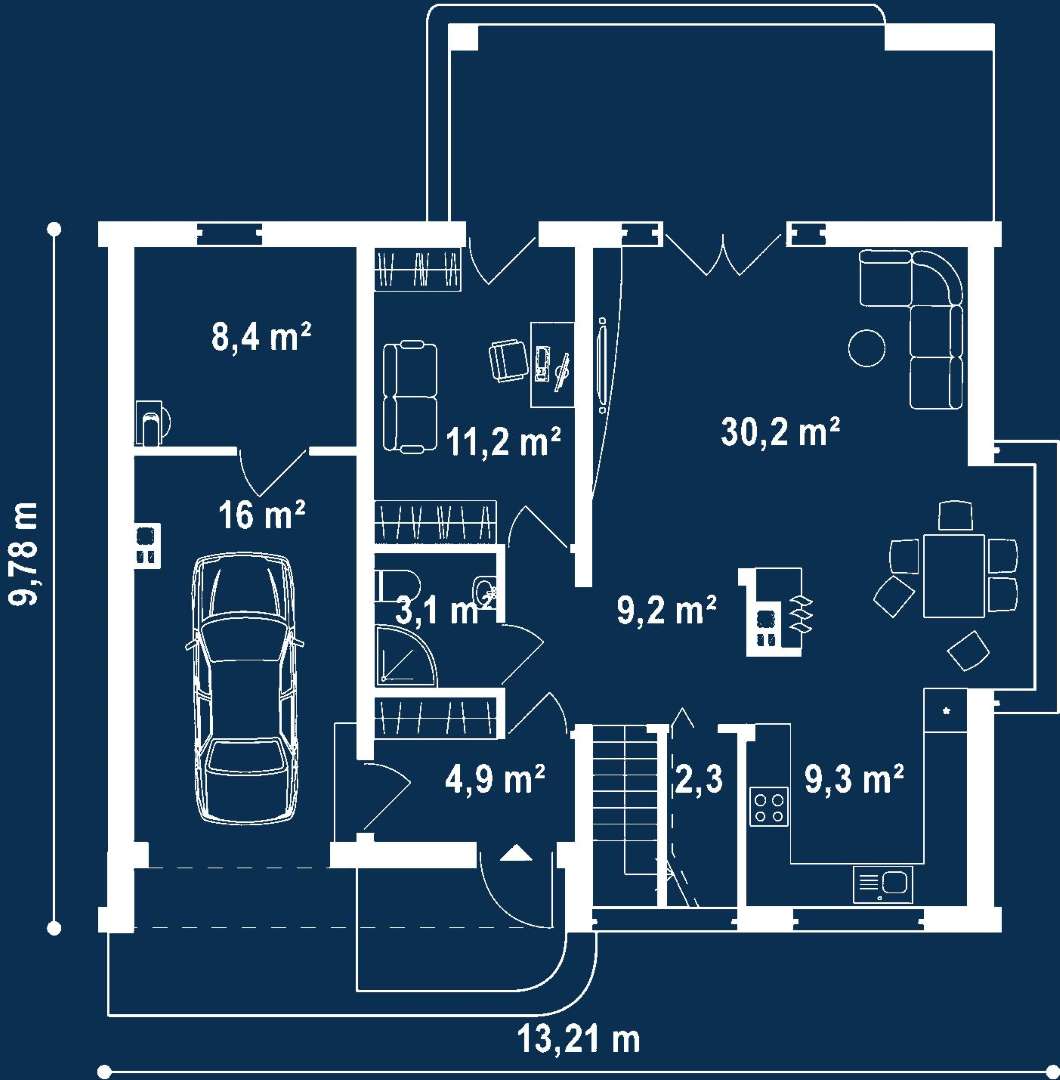Plan parter Casă cu mansardă 137 mp utili, un dormitor, 2 băi