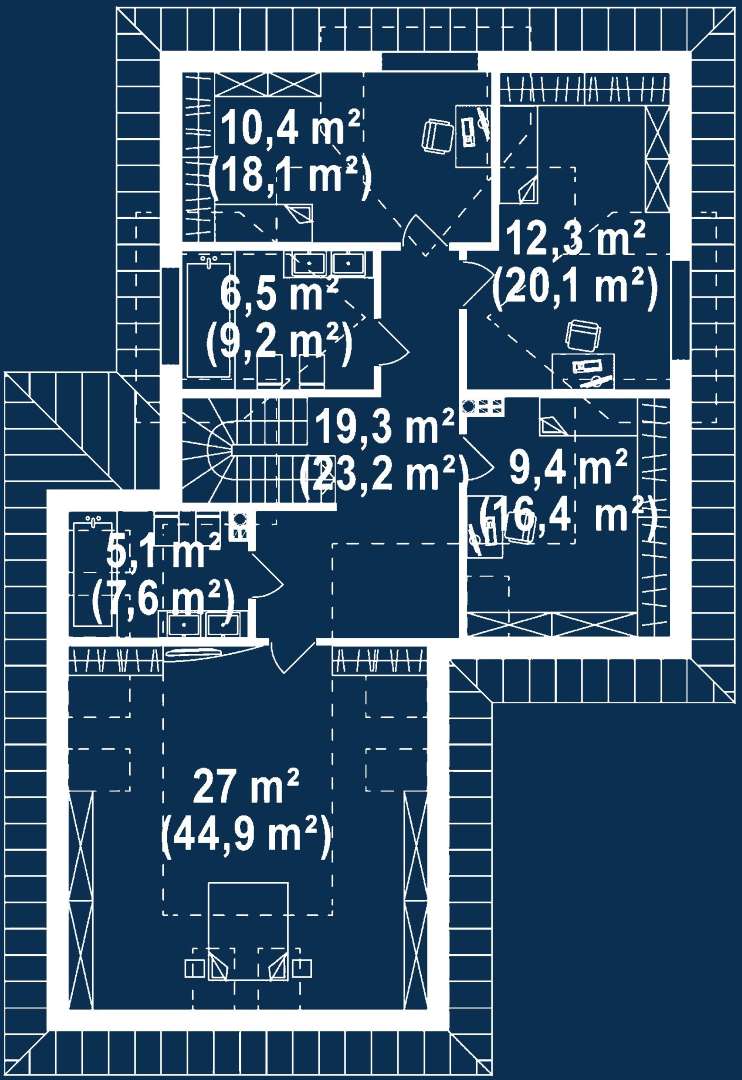 Plan mansardă Casă cu mansardă 174 mp utili, un dormitor, 3 băi