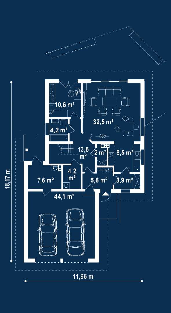 Plan parter Casă cu mansardă 174 mp utili, un dormitor, 3 băi