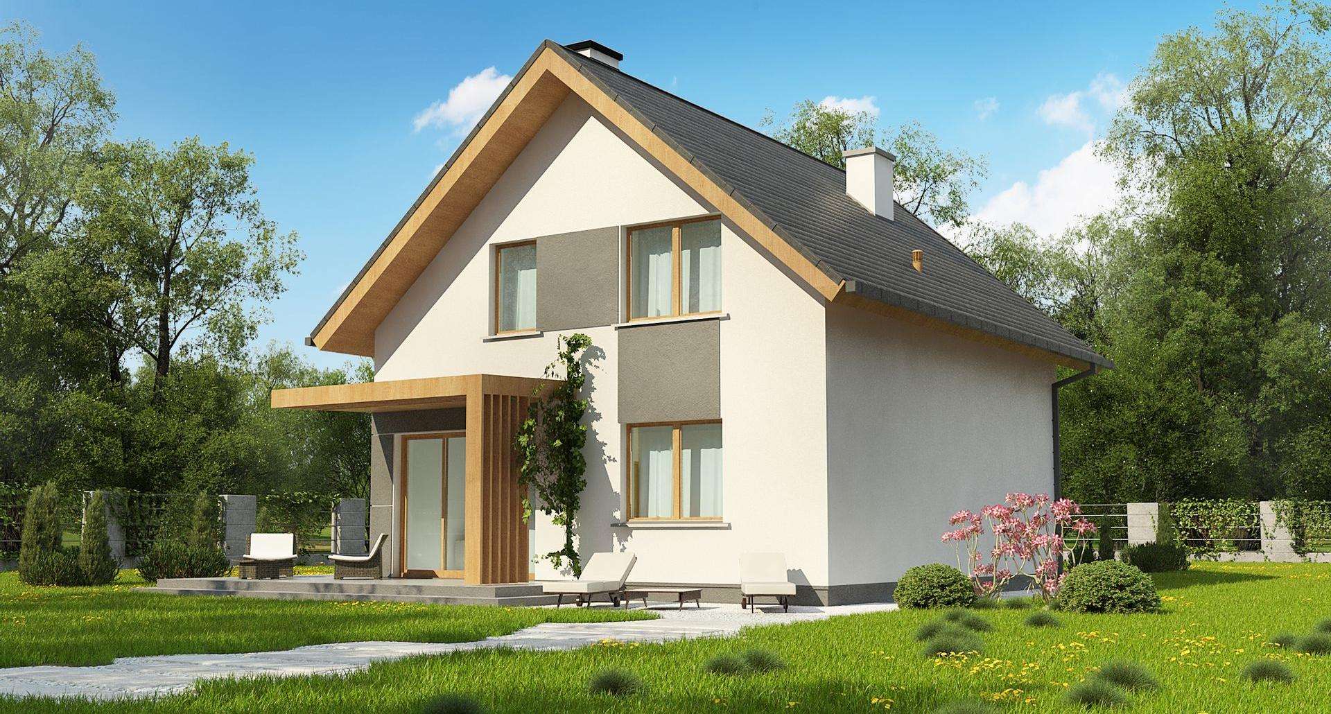 Fatada Casă cu mansardă 108 mp utili, un dormitor, 3 băi