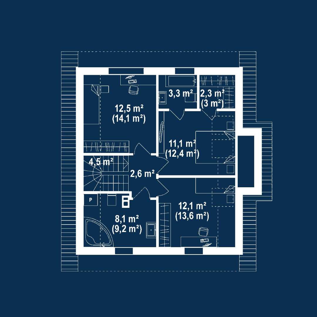 Plan mansardă Casă cu mansardă 108 mp utili, un dormitor, 3 băi