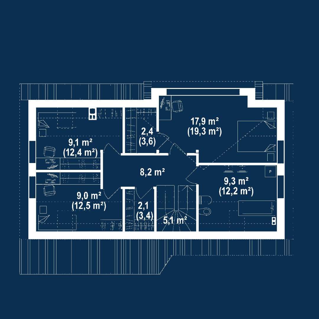 Plan mansardă Casă cu mansardă 112 mp utili, un dormitor, o baie