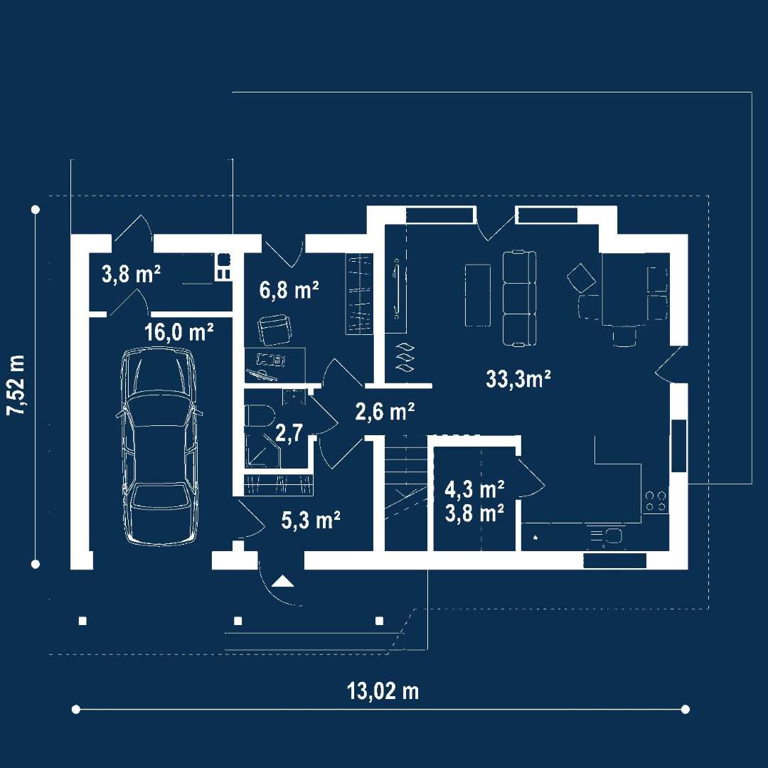 Plan parter Casă cu mansardă 112 mp utili, un dormitor, o baie