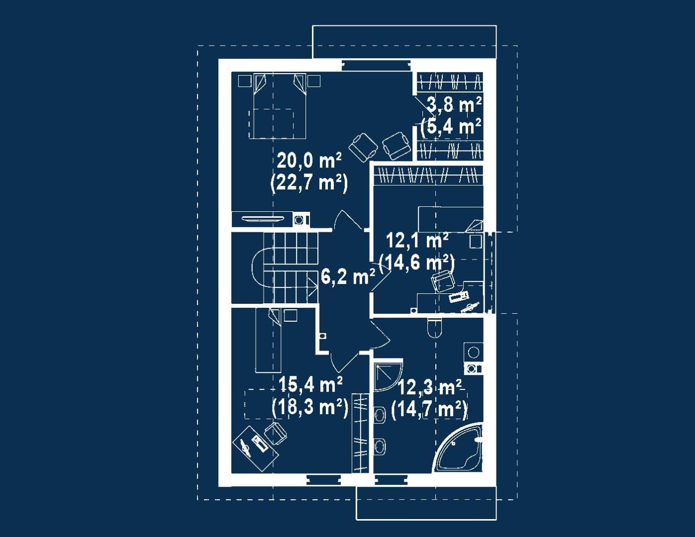 Plan mansardă Casă cu mansardă 131 mp utili, un dormitor, o baie