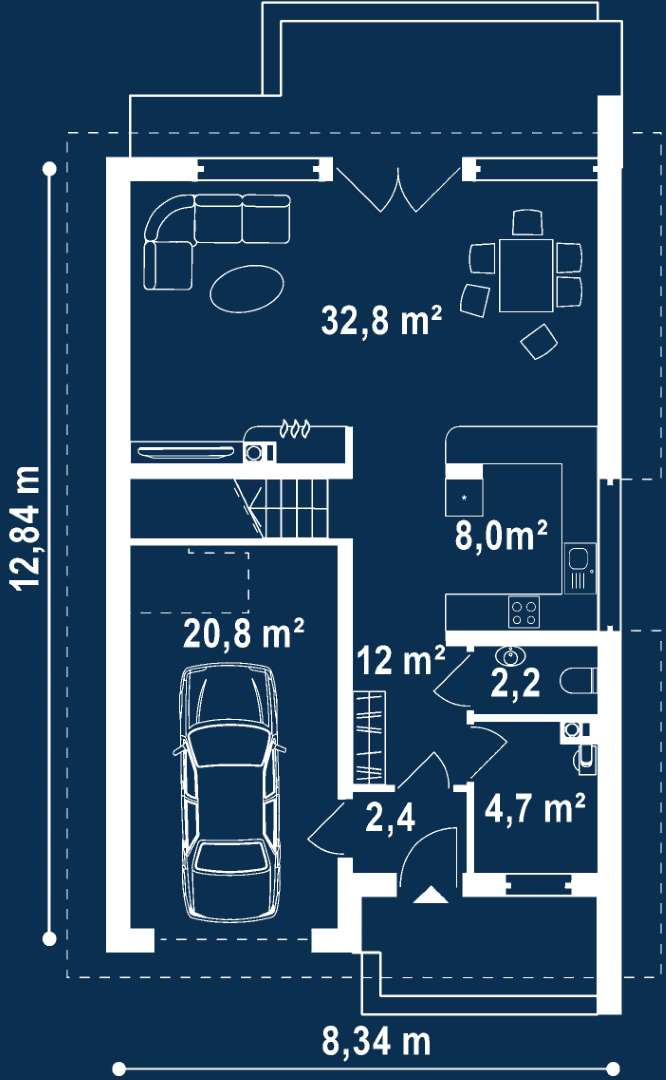 Plan parter Casă cu mansardă 131 mp utili, un dormitor, o baie