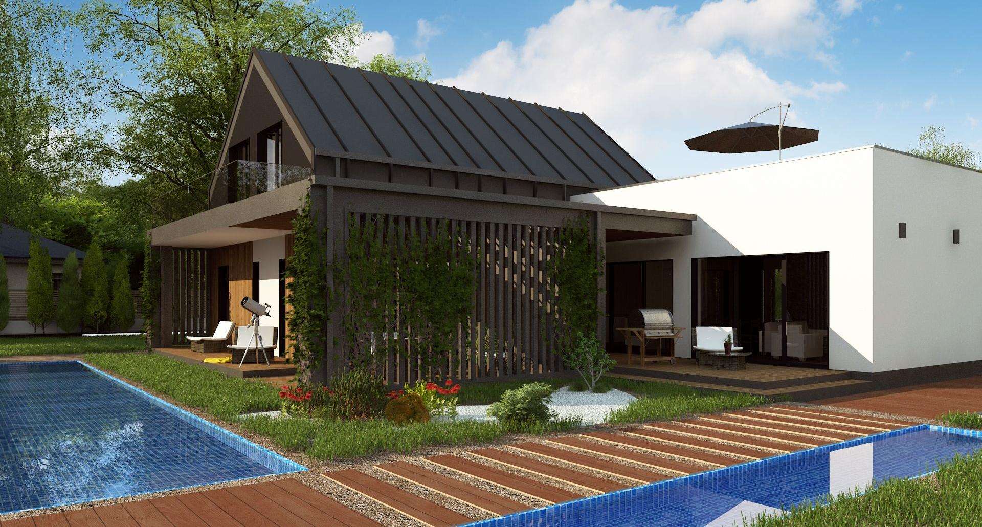 Fatada Casă cu mansardă 150 mp utili, un dormitor, 4 băi