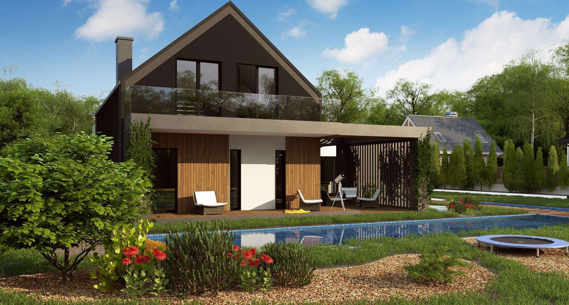 Fatada Casă cu mansardă 150 mp utili, un dormitor, 4 băi