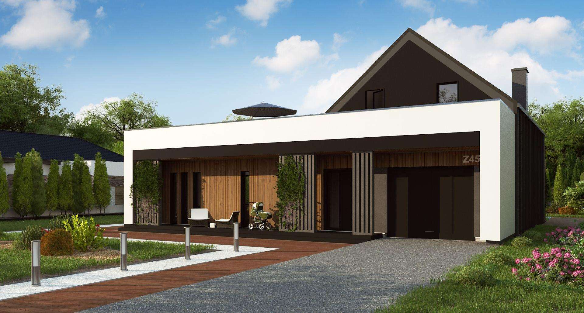 Fatada Casă cu mansardă 150 mp utili, un dormitor, 4 băi