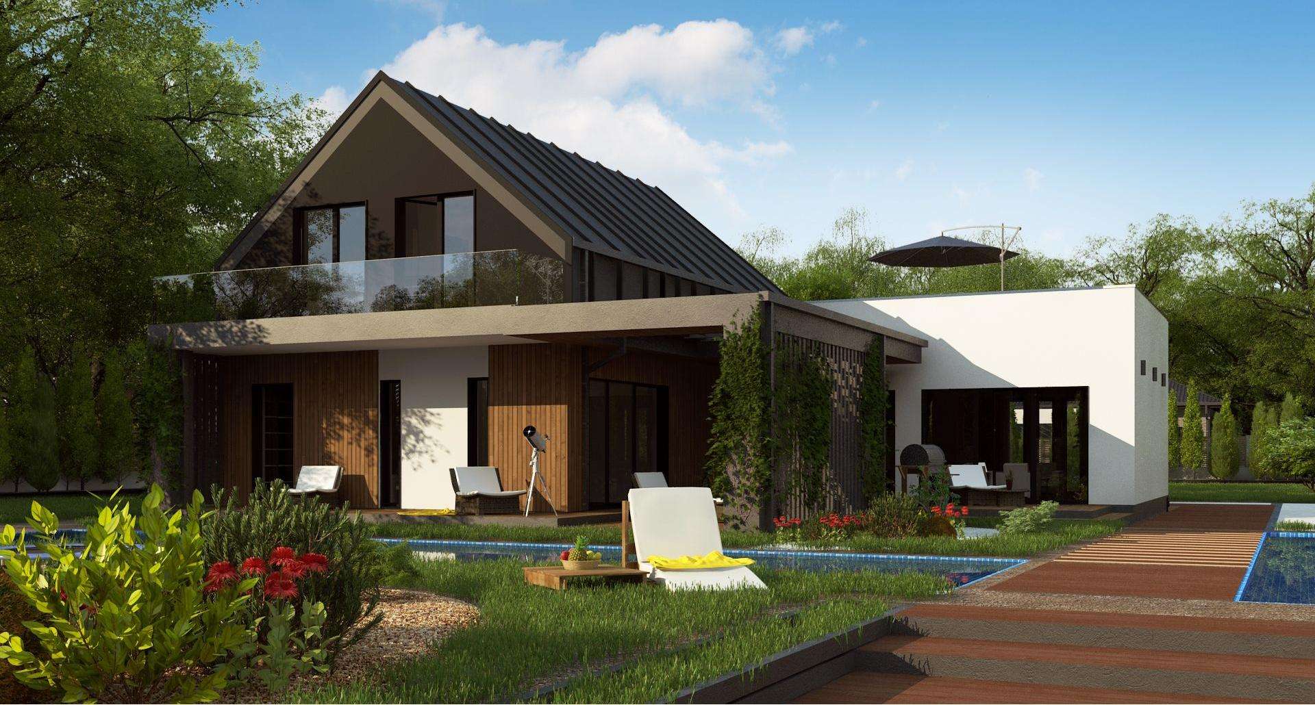 Fatada Casă cu mansardă 150 mp utili, un dormitor, 4 băi